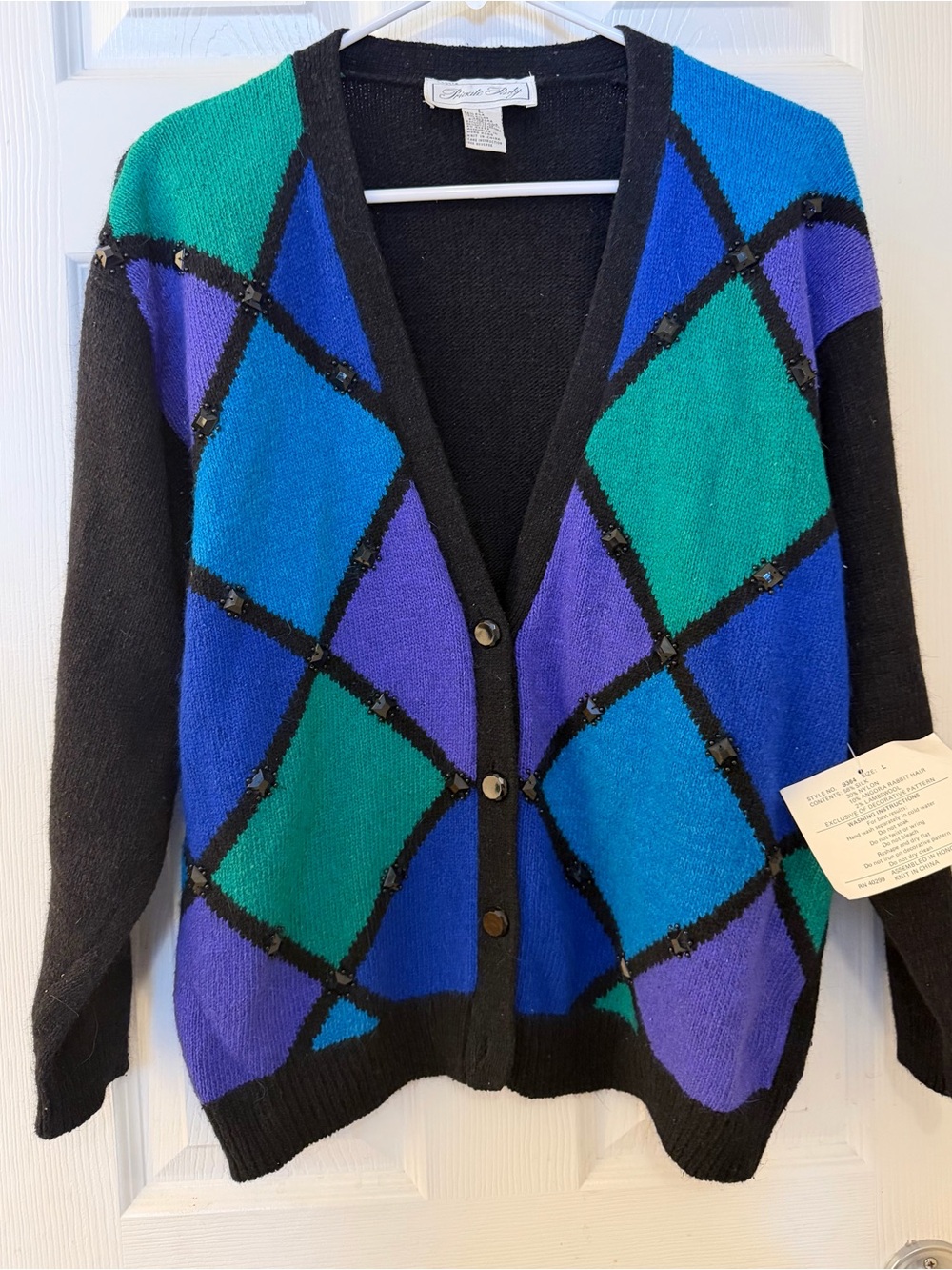 PRIVATE PARTY Vintage NWT Silk Angora Black Cardigan with Teal & Purple Argyle